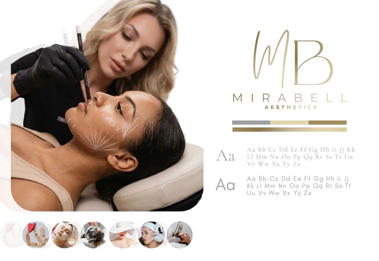 Mirabell Aesthetics brand board: MB logo, gold colour palette, typefaces and treatment photography