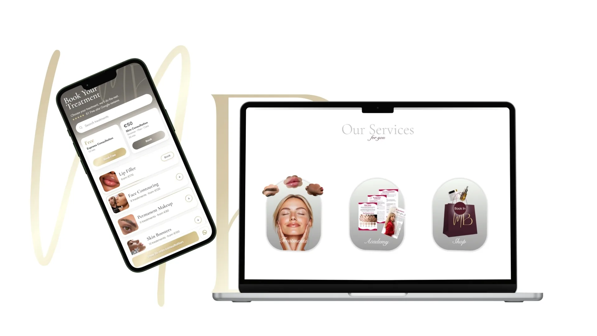 Mirabell Aesthetics website on a laptop and the online booking page on a phone, designed and built by GOAT BOLD