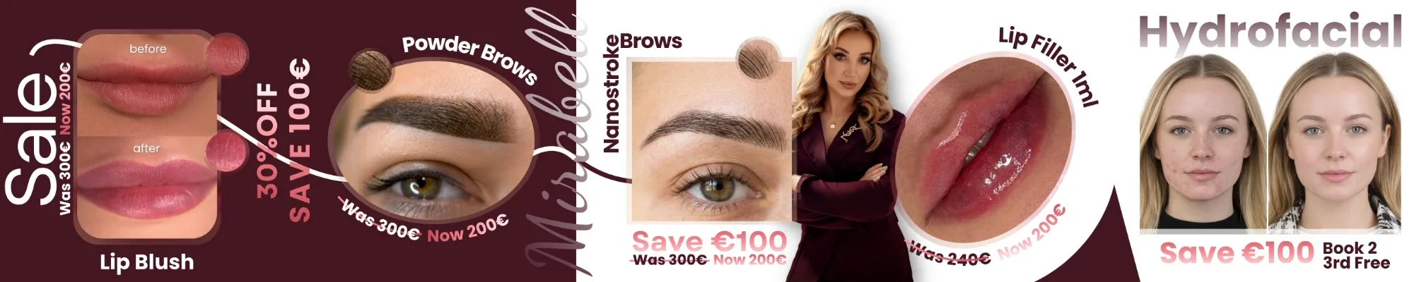 Mirabell sale carousel: lip blush, powder brows, nanostroke brows, lip filler, hydrofacial