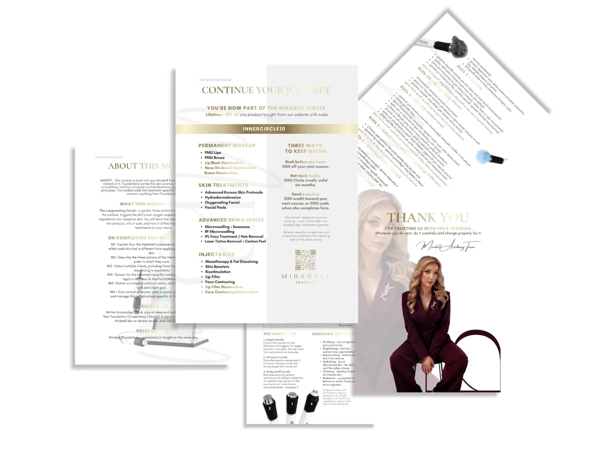 Mirabell Academy oxygenating facial manual and course completion pages