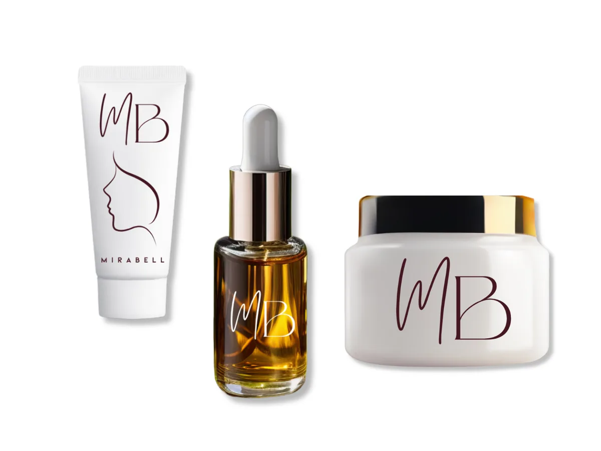 Mirabell Aesthetics skincare packaging: tube, serum bottle and jar